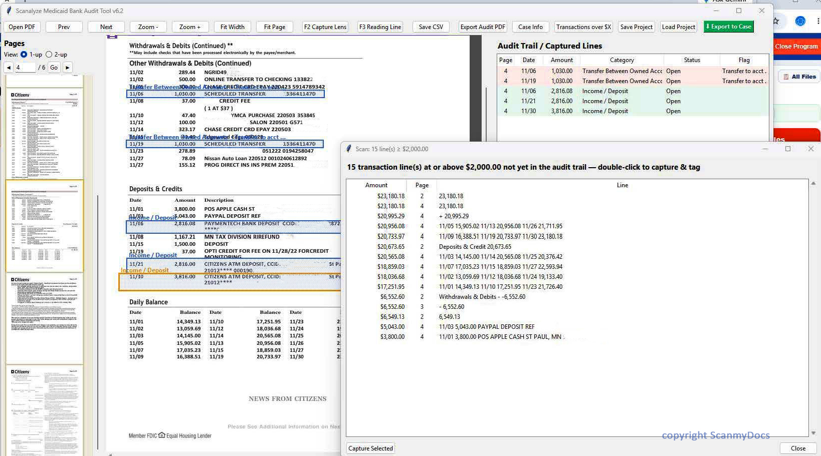 Bank Analyzer with a bank statement open, captured transactions in the audit trail, and a scan for transactions over $2,000