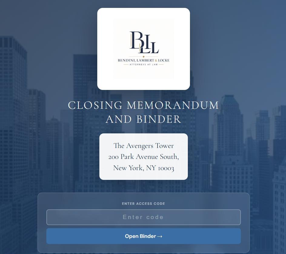 Sample closing binder cover page with a law firm's logo and property address