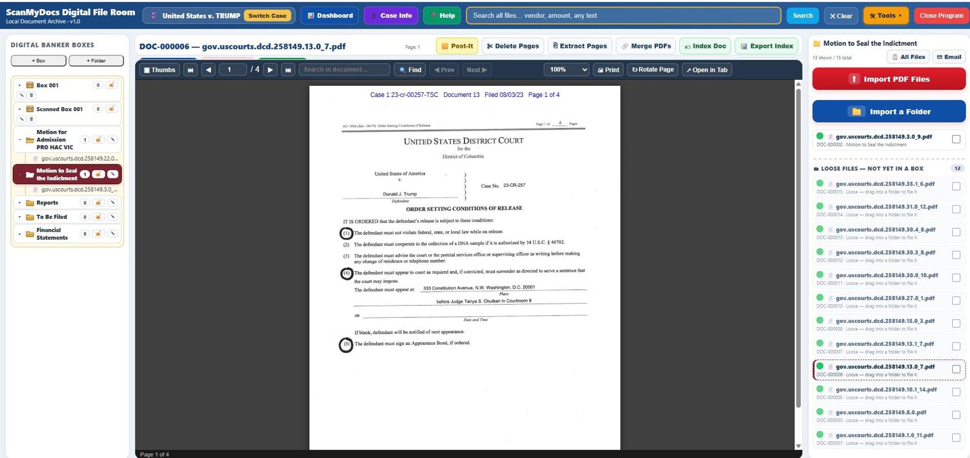 Digital File Room showing boxes and folders, a PDF open in the viewer, and a list of imported files