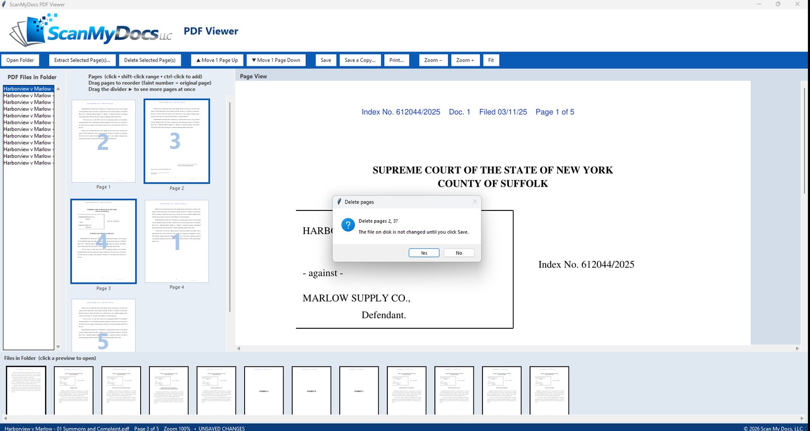 Delete pages prompt confirming two selected pages, noting the file is not changed until you save