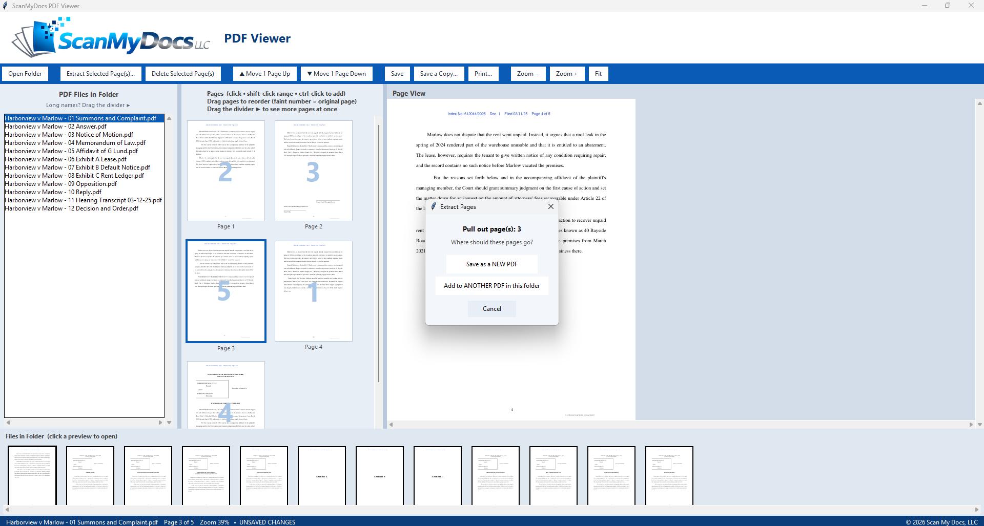 Extract Pages window offering to save the selected page as a new PDF or add it to another PDF in the folder
