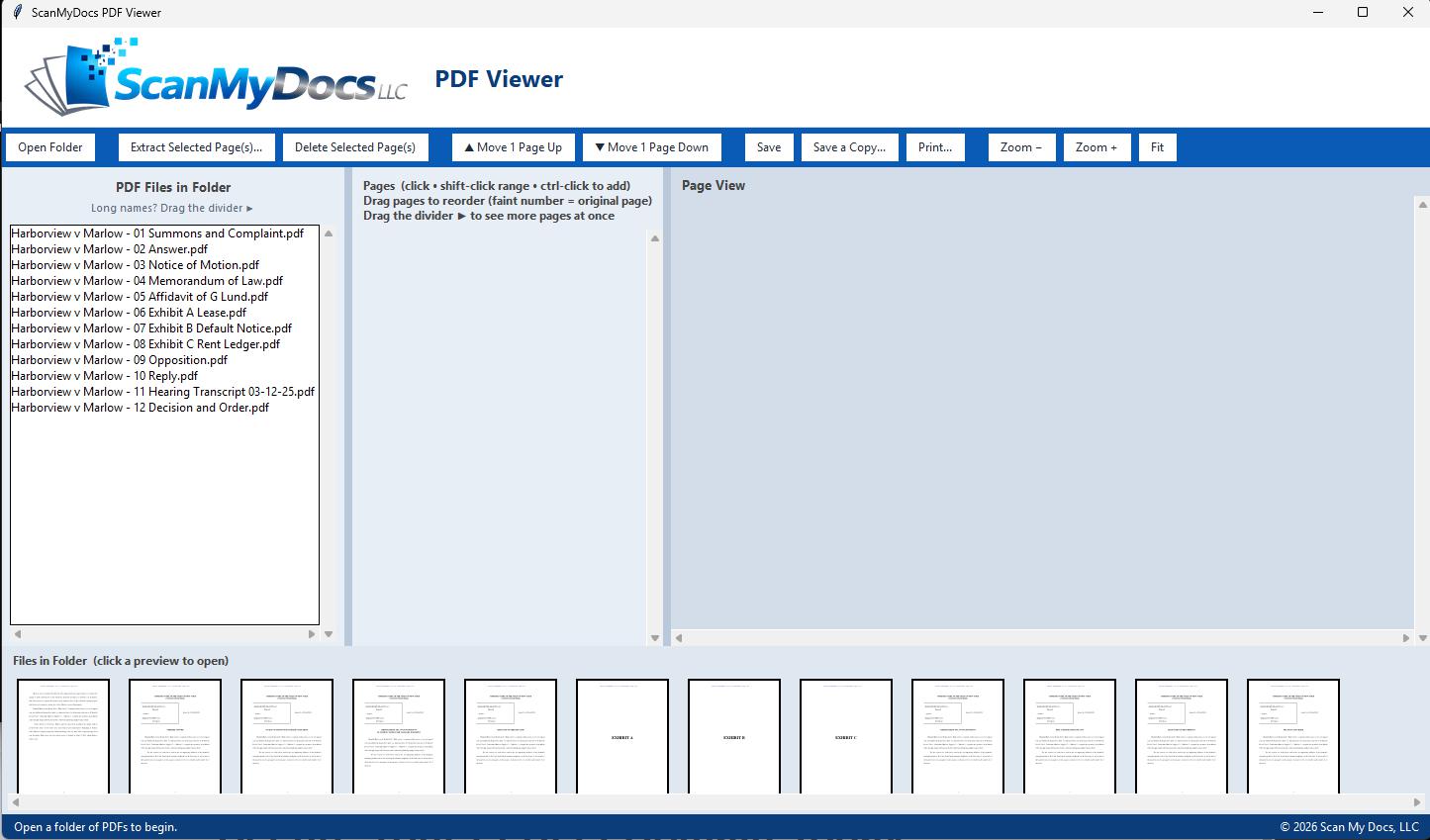 PDF Viewer with a folder of sample court filings: file list on the left, page thumbnails with faint original page numbers, a large page view, and the first page of every file along the bottom